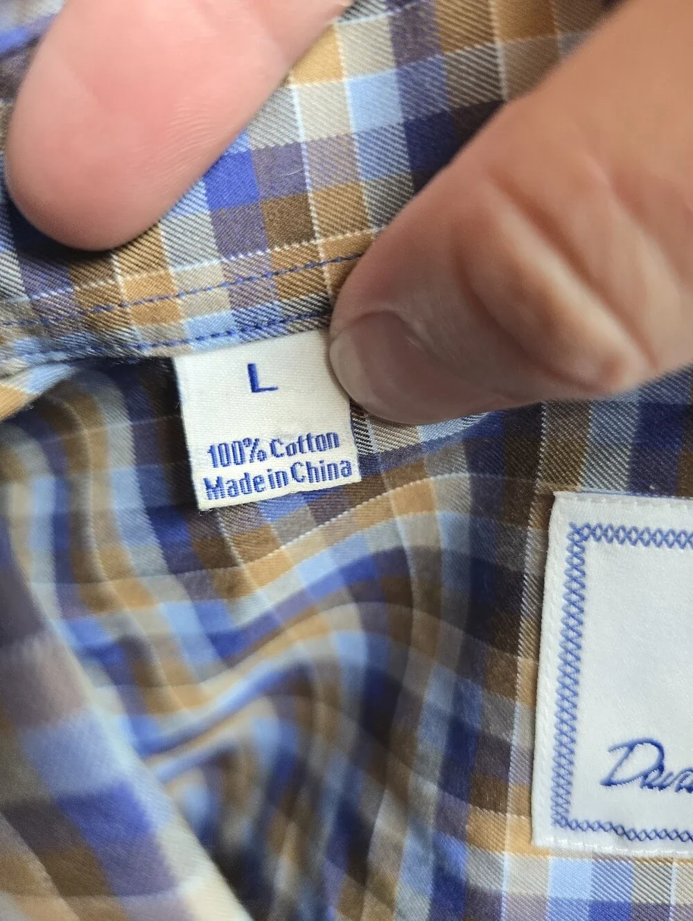 David Donahue Men's Size L Cotton Plaid Button Up Dress Shirt Blue Gold Khaki